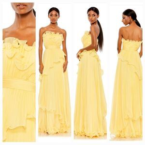 New MAC DUGGAL 49537 Yellow Pleated Tiered Ruffled Strapless Gown Wm's (16) $498